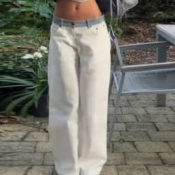 Women's Contrast Waistband White Wide Leg Jeans Low Rise Baggy Denim Pants Loose Fit Trousers Lady Date Commuter Casual Clothes