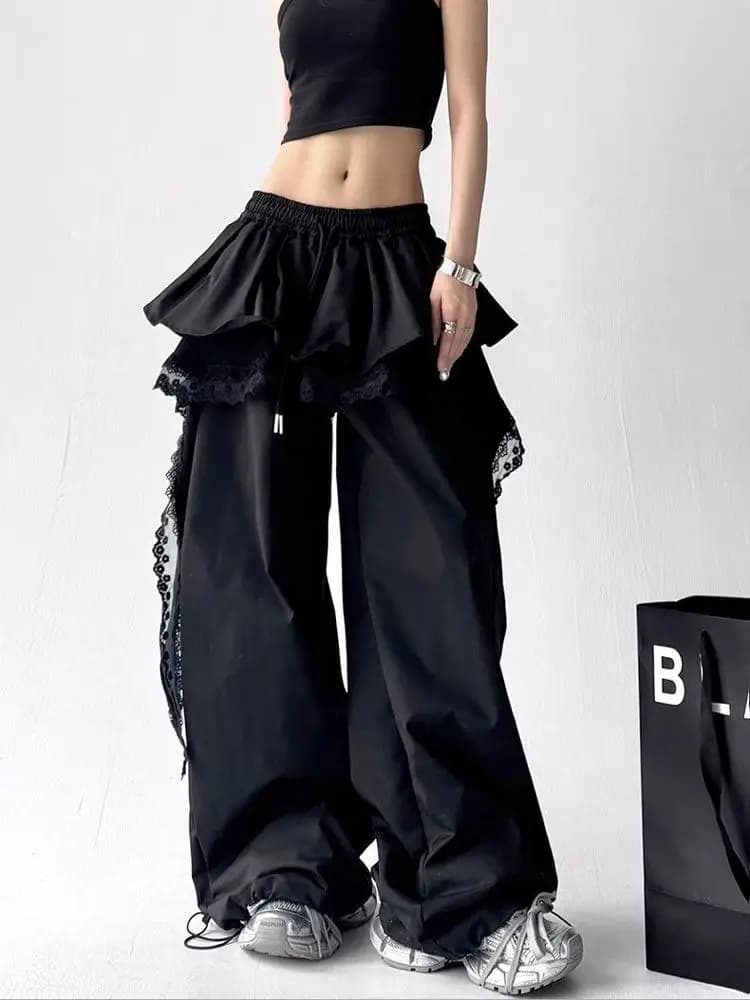 Black Cargo Pants Women Streetwear Lace Patchwork White Wide Leg Pants Summer Gyaru Harajuku Korean Baggy Trousers New