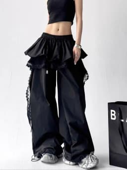Black Cargo Pants Women Streetwear Lace Patchwork White Wide Leg Pants Summer Gyaru Harajuku Korean Baggy Trousers New