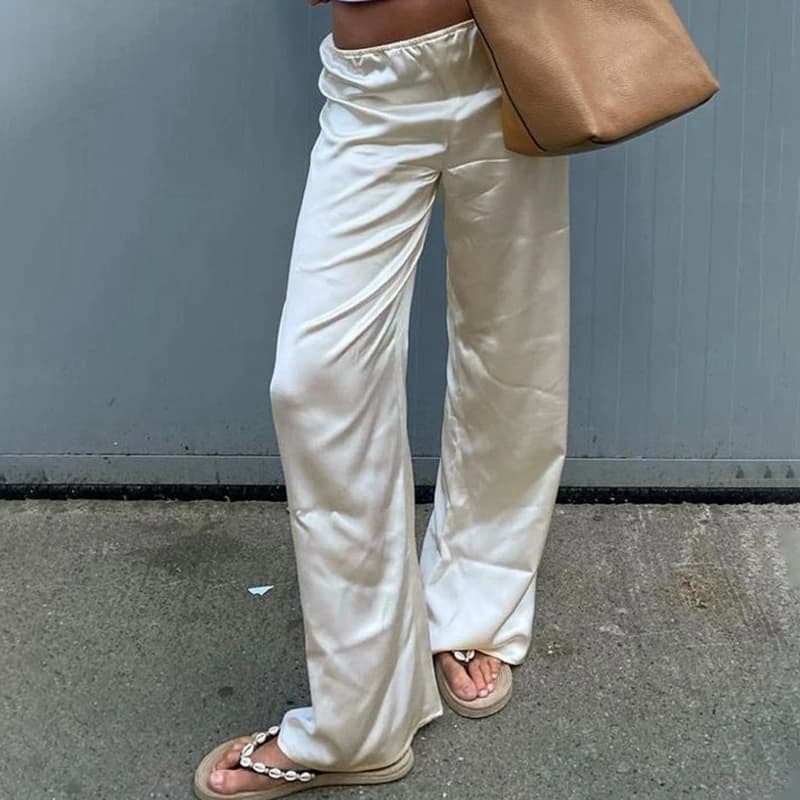 Maemukilabe Satin Wide Leg Pants Casual Elastic High Waist Solid Color Loose Fit Pants Office Ladies Trousers Women Streetwear