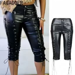 FAGADOER Spring New Sexy Leather Patchwork Bodycon Pants for Woman Solid Color Zipper Bandage Pants Female Streetwear Bottoms
