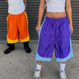 Men Women Streetwear Basketball Shorts American Retro Color Block Patchwork Trendy Elastic Shiny Cropped Sports Casual Bottoms