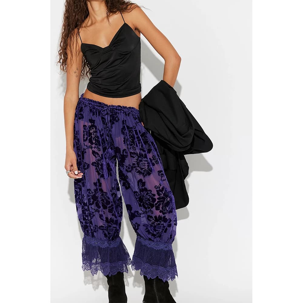 Women Retro Lace Sheer Long Bloomers y2k Aesthetic Elastic Mid Rise Floral Ruffle Pantaloons Flared Pants Loungewear Bottoms