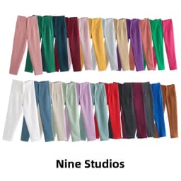 NINE ZAR High Waist Casual Pants for Women 35 Colors Pure Color Retro Cuffed Slim Fit Ladies Faion Spring Polyester Fiber