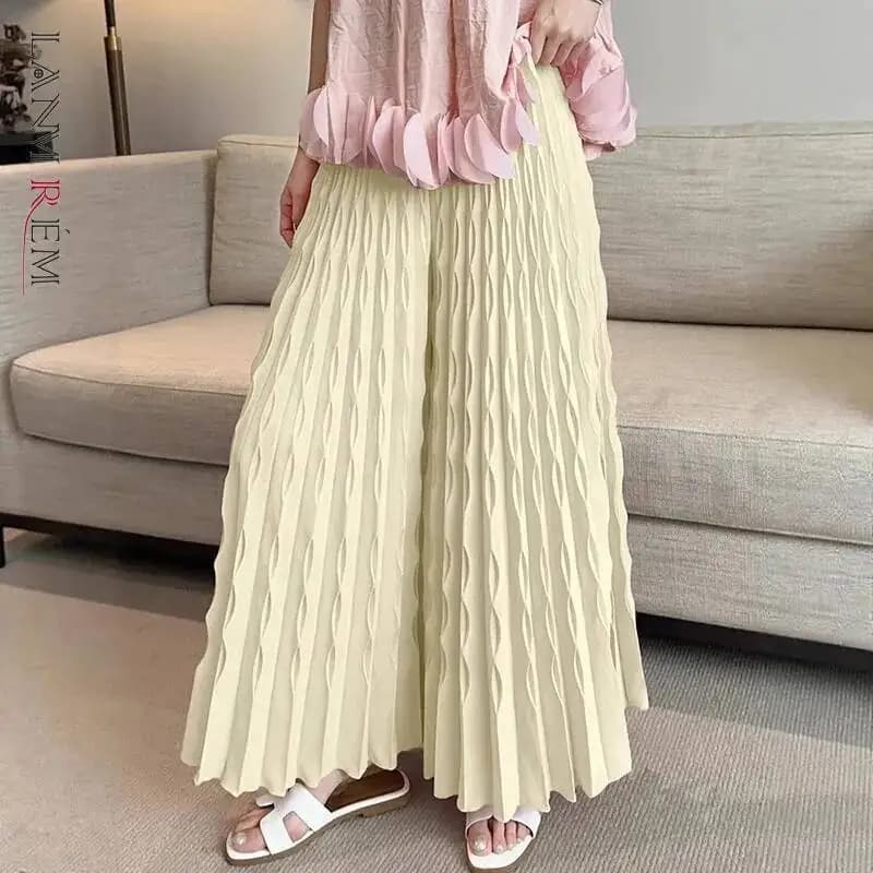 LANMREM Pleated New Elastic Waist Women's Wide Leg Pants Chic Elegant Design Handmade Pleated Stretch Loose Long Pants 2DB3646