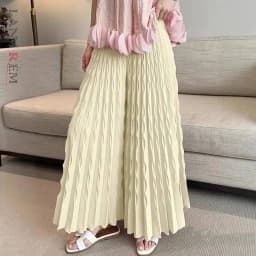 LANMREM Pleated New Elastic Waist Women's Wide Leg Pants Chic Elegant Design Handmade Pleated Stretch Loose Long Pants 2DB3646
