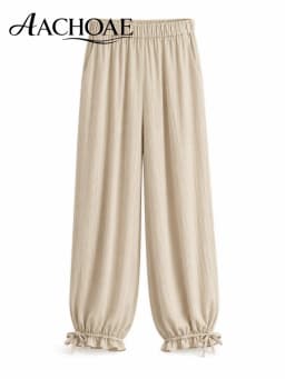 Women Wide Leg Lounge Pants Elastic Waist Casual Loose Trousers with Bow Tie Hem