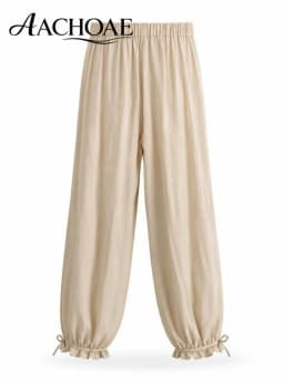 Women Wide Leg Lounge Pants Elastic Waist Casual Loose Trousers with Bow Tie Hem