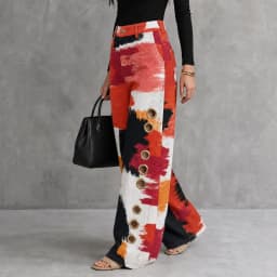 UOOZEE 2026 Women Fashion Contrast Color Printed Metal Eyelet Hollow Pants High Waisted Wide Leg Pockets Casual Office Trousers