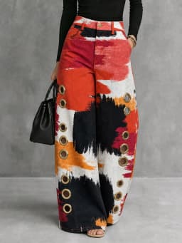 UOOZEE 2026 Women Fashion Contrast Color Printed Metal Eyelet Hollow Pants High Waisted Wide Leg Pockets Casual Office Trousers