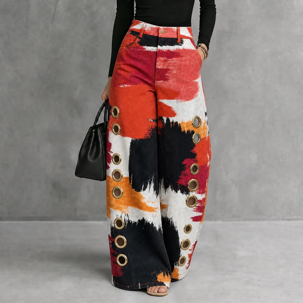 UOOZEE 2026 Women Fashion Contrast Color Printed Metal Eyelet Hollow Pants High Waisted Wide Leg Pockets Casual Office Trousers