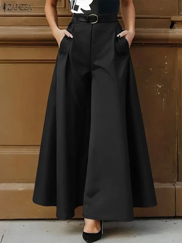 ZANZEA Stylish Women's Wide Leg Pants Elegant High Waist Loose Solid Color Trousers 2025 Autumn Commuting Streetwear S-3XL