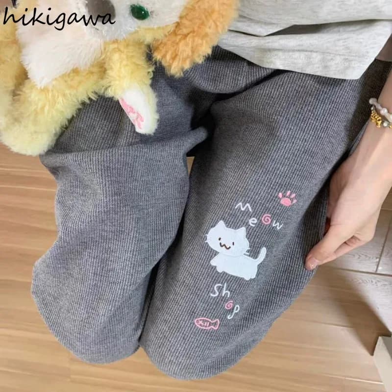 Sweatpants Women Japanese Chic Y2k Pants Cute Pantalon Femme 2025 New Bottoms Cat Embroidery Straight Tunic High Waist Trousers
