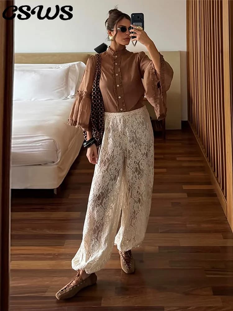 Chic Lace Long Trousers Women French Romantic Floral Sheer Wide Leg Pants Female Casual Spring Summer Jogger Pant Lady 2026