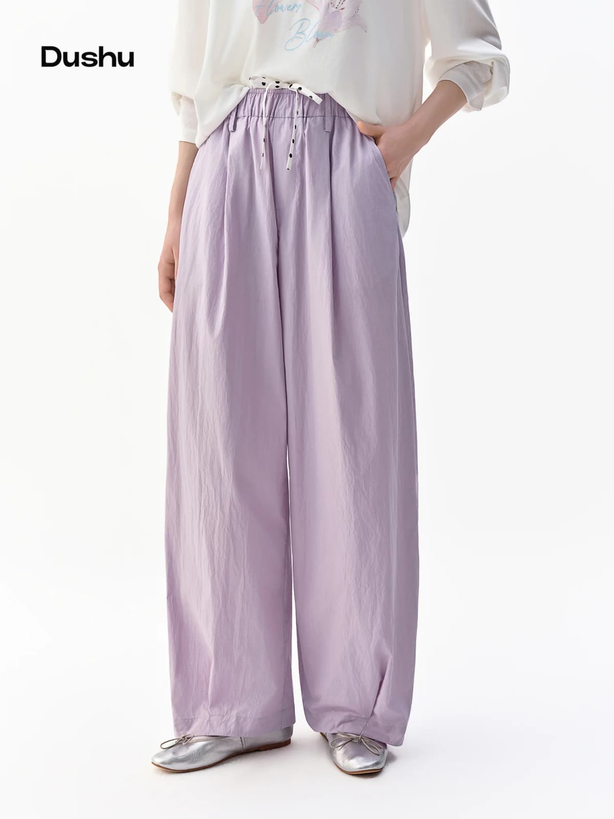 DUSHU 2026 Fall New Arrival Women‘s Polka Dot Barrel Leg Pants, High Waist Turned-Down Waistband Trousers for Casual Chic Style