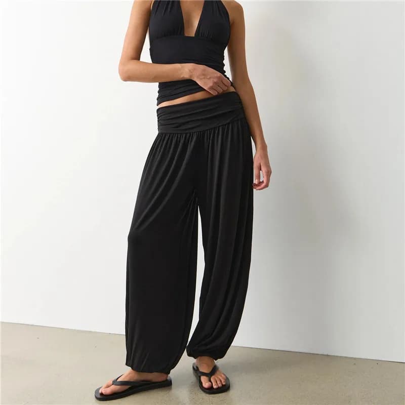 Women Fold Over High Waist Harem Jogger Pants Elastic Soft Modal Loose Baggy Cuffed Ankle Sweatpants Vacation Casual Trousers