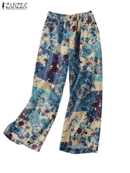 ZANZEA Woman Casual Wide Leg Pants Vintage Floral Paisley Printed Elastic Waist Trousers 2025 Spring Breathable Cotton Pantalon