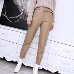 Trousers Women 2026 Korean Style Genuine Leather High Waist Pants Women Pencil Pants Ladies With Belt Office Ladies