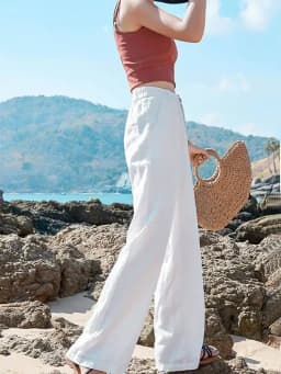 Women's Pants Summer Cotton Linen Wide Leg Pants Full Length Casual Solid White Loose High Waist Straight Trousers Women