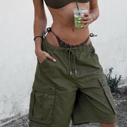 Women Knee Length Jean Shorts with Pocket Denim Cargo Shorts High Waist Summer Streetwear Shorts Drawstring Loose Clothing