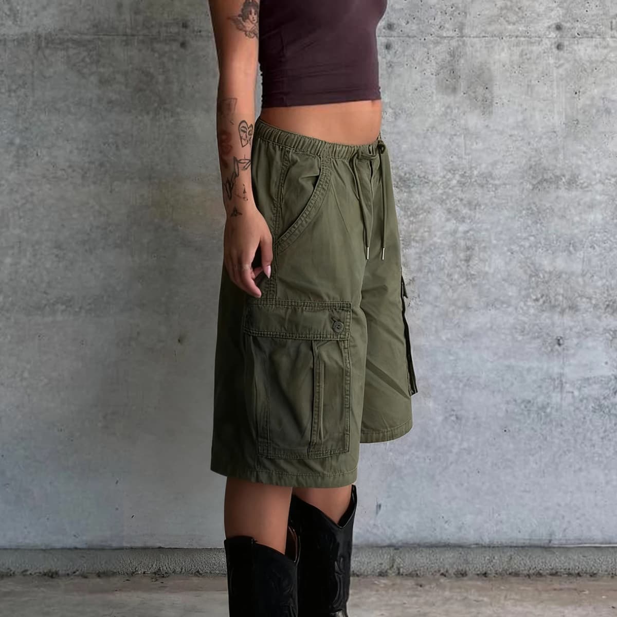 Women Knee Length Jean Shorts with Pocket Denim Cargo Shorts High Waist Summer Streetwear Shorts Drawstring Loose Clothing