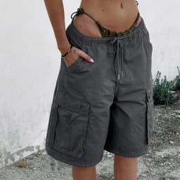 Women Knee Length Jean Shorts with Pocket Denim Cargo Shorts High Waist Summer Streetwear Shorts Drawstring Loose Clothing