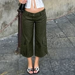 Y2K Vintage Drawstring Hem Cropped Trousers Women Low Waist Cargo Capri Pants Multi Pockets Loose Bottoms Grunge Streetwear