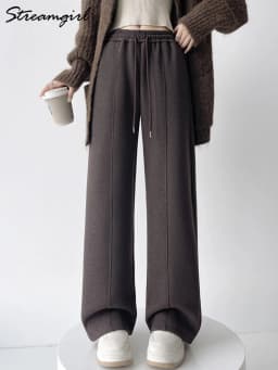 Streamgirl Thick Warm Straight Pants For Women Office Brown Wide Leg Trousers High Waist Women's Loose Pants For Ladies Spring