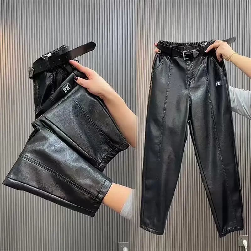 Fashion Y2k Leather Pants High Quality PU Casual Straight Leg Pant Loose Slimming Plus Size Highs Waist Haren Trousers Women