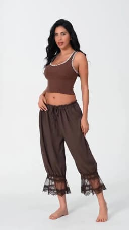 Summer Y2K Bloomers Pants Casual Women Loose Vintage Drawstring Wide Leg Trousers Lace Patchwork Calf-Length Lantern Trousers