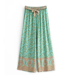 Boho Queens Women Green Floral Print Bohemian Wide Leg Pants Lady Elastic Waist Loose Rayon Boho Long Pant Oversize Trousers