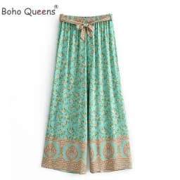 Boho Queens Women Green Floral Print Bohemian Wide Leg Pants Lady Elastic Waist Loose Rayon Boho Long Pant Oversize Trousers