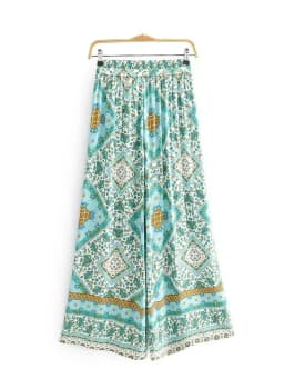 Boho Queens Women Green Floral Print Bohemian Wide Leg Pants Lady Elastic Waist Loose Rayon Boho Long Pant Oversize Trousers