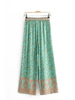Boho Queens Women Green Floral Print Bohemian Wide Leg Pants Lady Elastic Waist Loose Rayon Boho Long Pant Oversize Trousers
