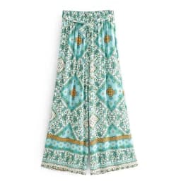Boho Queens Women Green Floral Print Bohemian Wide Leg Pants Lady Elastic Waist Loose Rayon Boho Long Pant Oversize Trousers