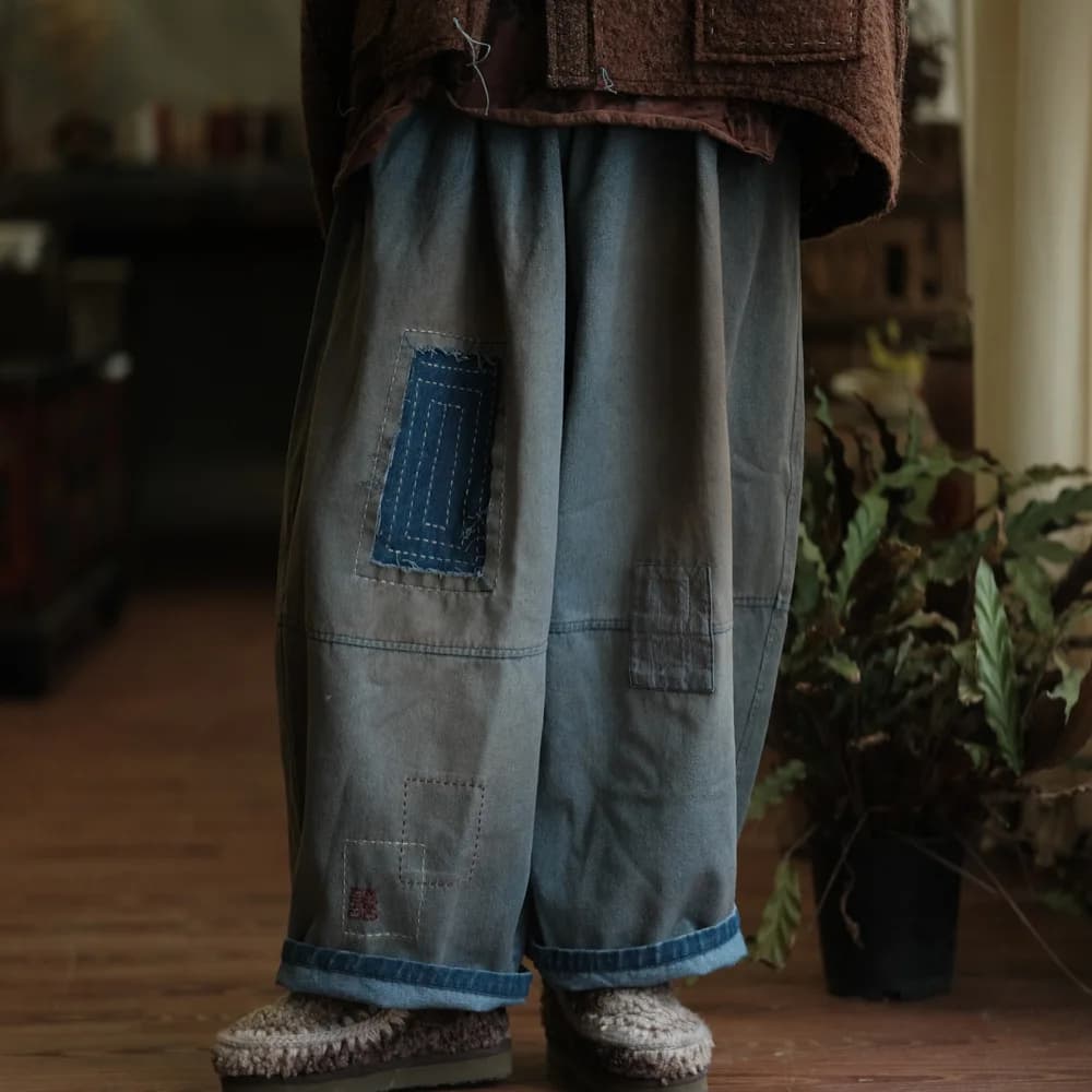 Johnature Women Vintage Patchwork Denim Wide Leg Pants Elastic Waist Loose Spring Trousers 2025 New Casual Long Pants