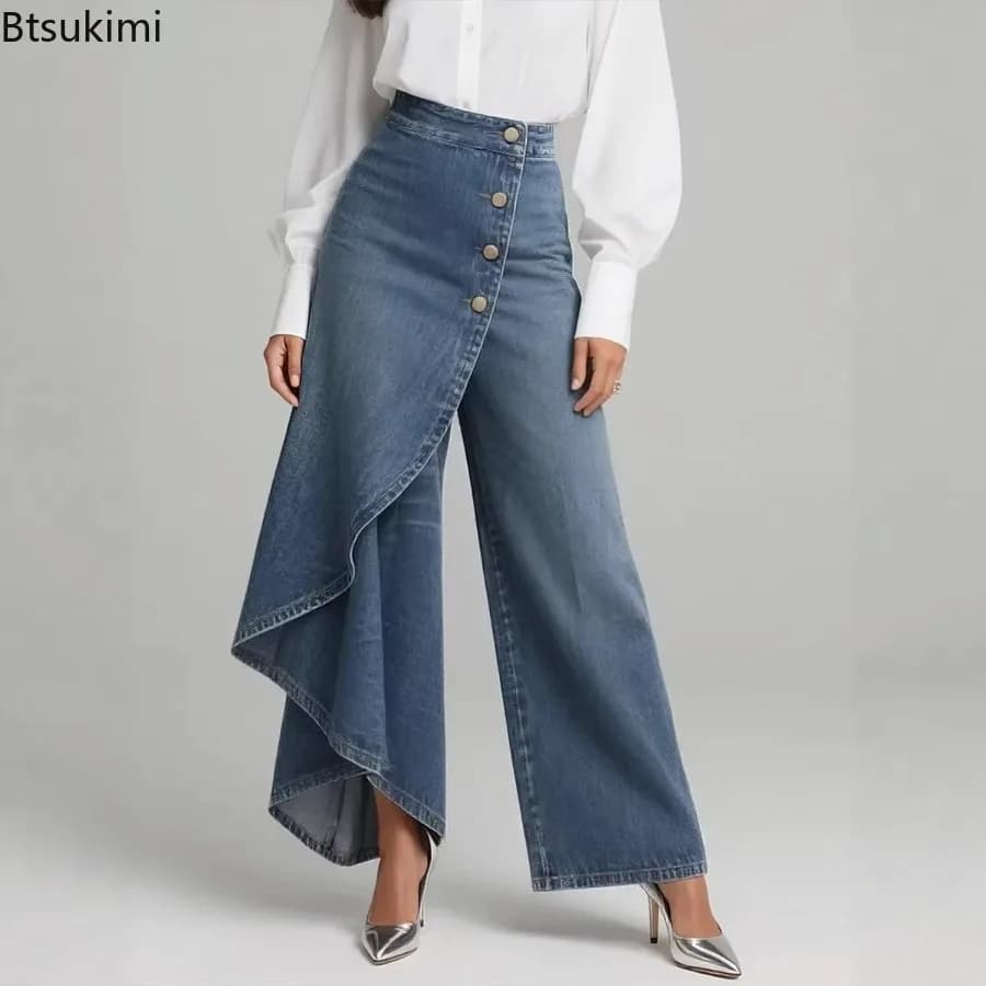 2026 New Women's Casual Wide Leg Pants Spring Fashion Breasted Design Ladies Slim Trousers Vintage Imitation Denim Women Pants