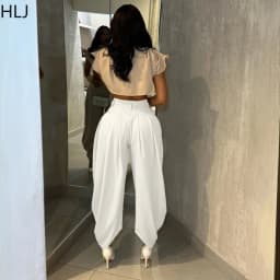 HLJ Fashion Flower Bud Pants for Women Solid Color Buttons Ruched Patchwork Wide-leg Pants Female Streetwear Bottoms 2025 New
