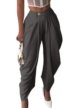 HLJ Fashion Flower Bud Pants for Women Solid Color Buttons Ruched Patchwork Wide-leg Pants Female Streetwear Bottoms 2025 New