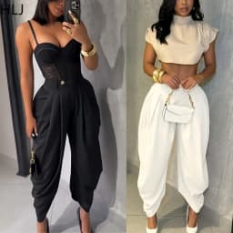 HLJ Fashion Flower Bud Pants for Women Solid Color Buttons Ruched Patchwork Wide-leg Pants Female Streetwear Bottoms 2025 New