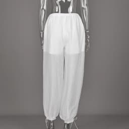 Linad Street Loose White Bloomers Pants Women Summer Elastic Waist Trousers Fashion Lace Up See Through Pants Female 2025 Sexy