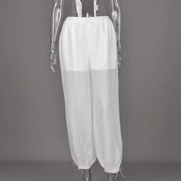 Linad Street Loose White Bloomers Pants Women Summer Elastic Waist Trousers Fashion Lace Up See Through Pants Female 2025 Sexy
