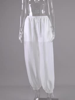 Linad Street Loose White Bloomers Pants Women Summer Elastic Waist Trousers Fashion Lace Up See Through Pants Female 2025 Sexy