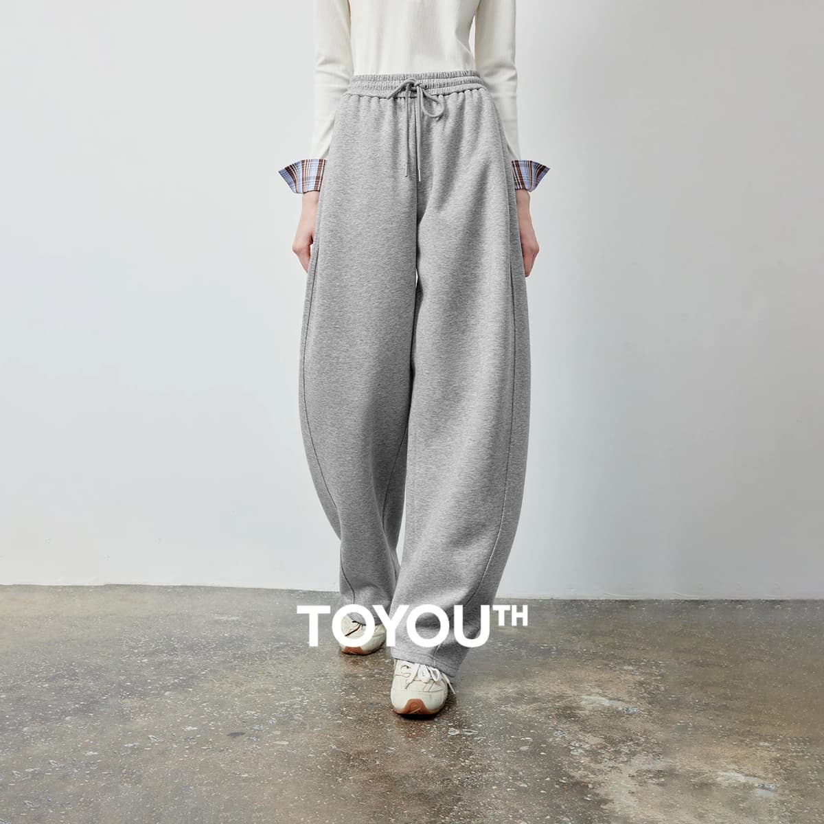 TOYOUTH Women's Soft Cotton Curved Leg Long Pants 2026 Fall New Arrival High Waist Drawstring Loose Wide Leg Pear Shape Friendly