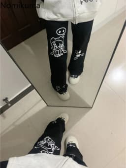 Cartoon Pants for Women Japanese Pantalon Femme Black Casual Fashion Wide Leg Pants 2025 New Bottoms Straight Summer Trousers