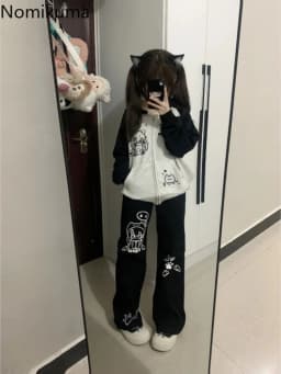 Cartoon Pants for Women Japanese Pantalon Femme Black Casual Fashion Wide Leg Pants 2025 New Bottoms Straight Summer Trousers