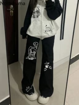 Cartoon Pants for Women Japanese Pantalon Femme Black Casual Fashion Wide Leg Pants 2025 New Bottoms Straight Summer Trousers