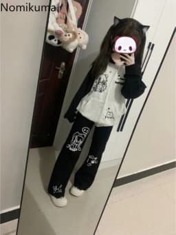 Cartoon Pants for Women Japanese Pantalon Femme Black Casual Fashion Wide Leg Pants 2025 New Bottoms Straight Summer Trousers