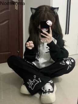 Cartoon Pants for Women Japanese Pantalon Femme Black Casual Fashion Wide Leg Pants 2025 New Bottoms Straight Summer Trousers