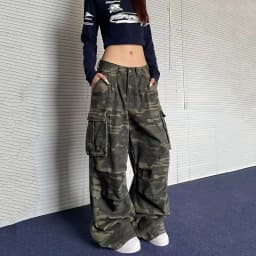 Y2K American Retro Camo Cargo Pants Female High Waist Oversized Pockets Wide Leg Pants Bf Hip Hop Streetwear Straight Trousers